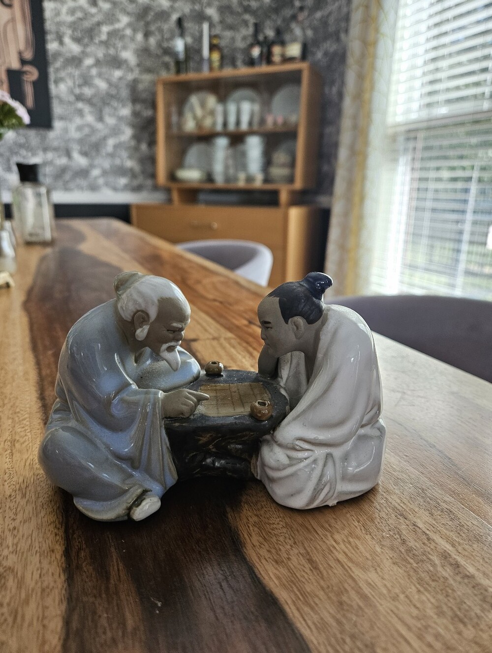 Antique Chinese Shiwan Mudmen Figurine - 2 Sages Playing Go (Incised China Mark)